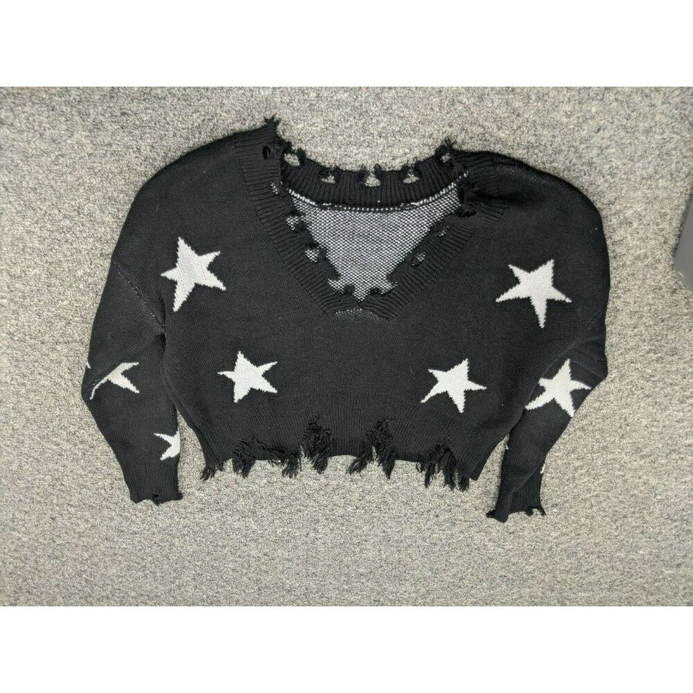 Zaful Fringed Edge Cropped Sweater Black White Stars One Size Fits Most